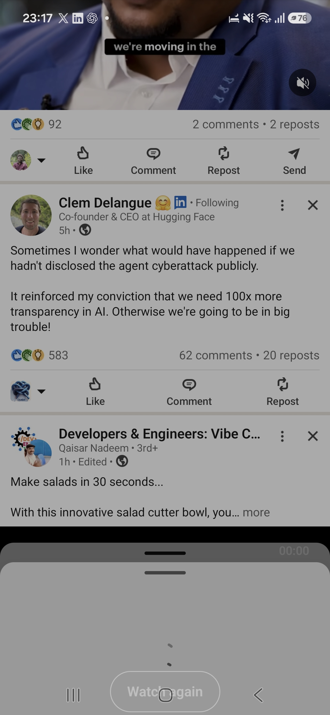 Screenshot of Clément Delangue’s LinkedIn post on transparency for AI agents.